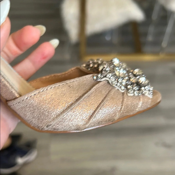 Betsey Johnson Gold Peep-Toe Heels with Rhinestone Bow - Picture 5 of 6